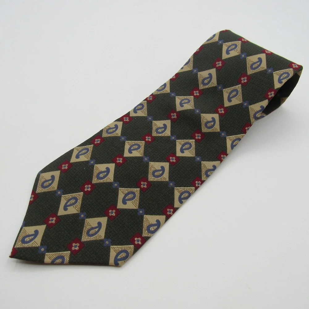 Chaps Necktie Mens OS Green Silk Paisley Diamond Geometric USA Made